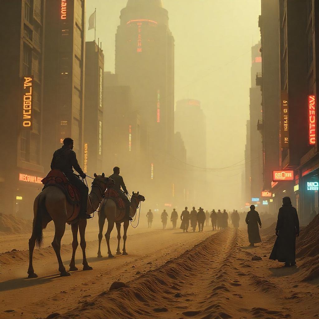 A futuristic cityscape at sunset, cyberpunk style, neon lights, atmospheric