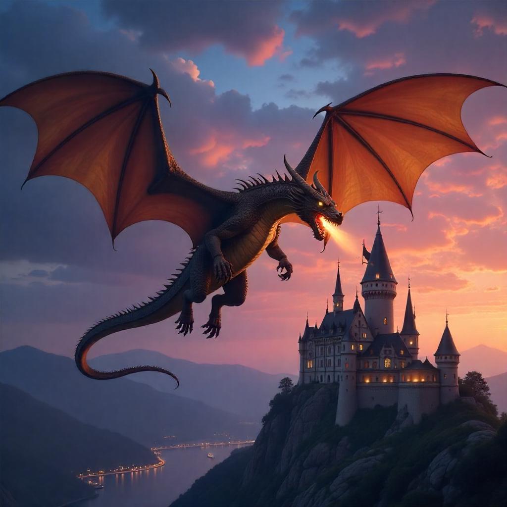A majestic dragon soaring through a cloudy sky, fantasy art style, highly detailed