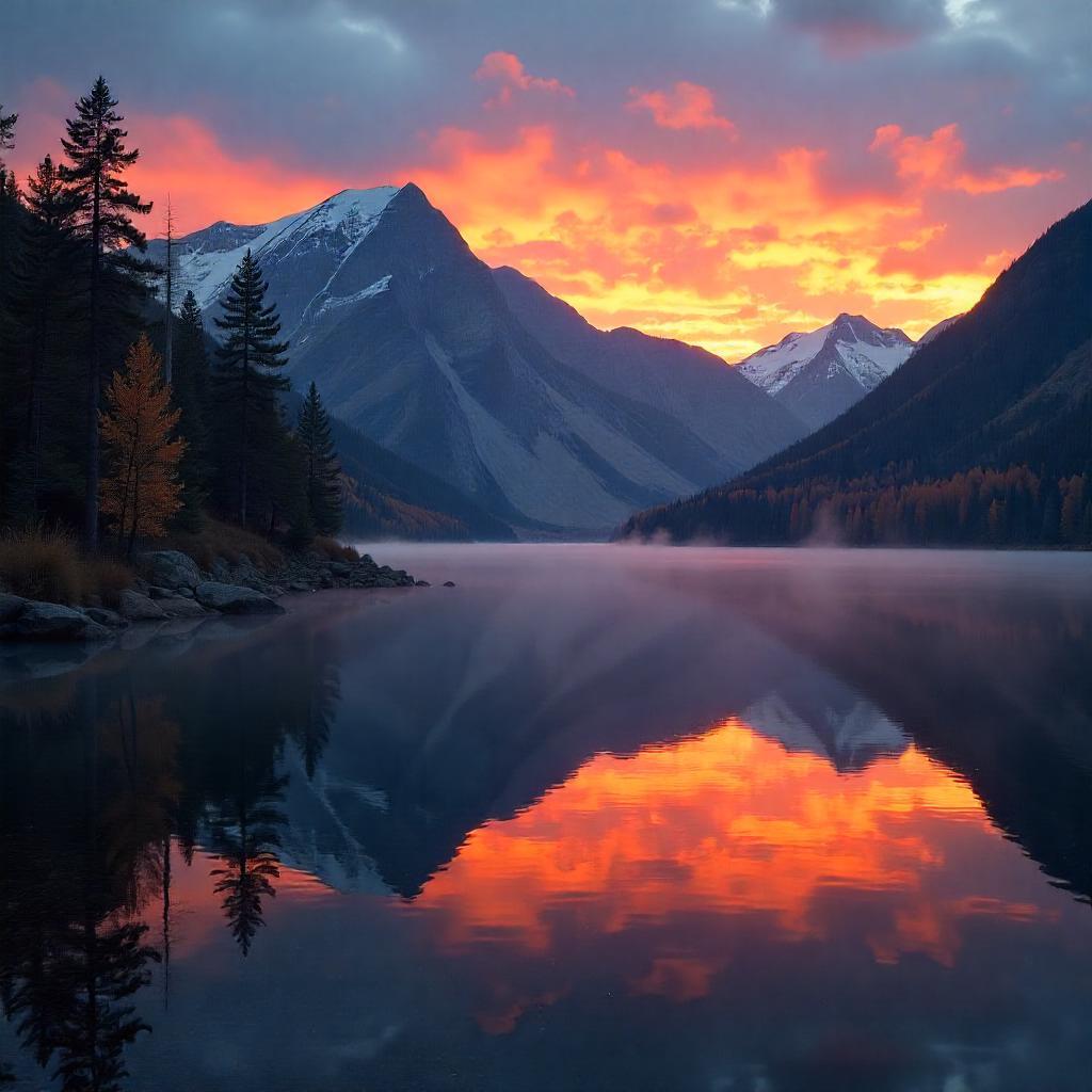 A serene mountain lake with reflection, autumn colors, photorealistic