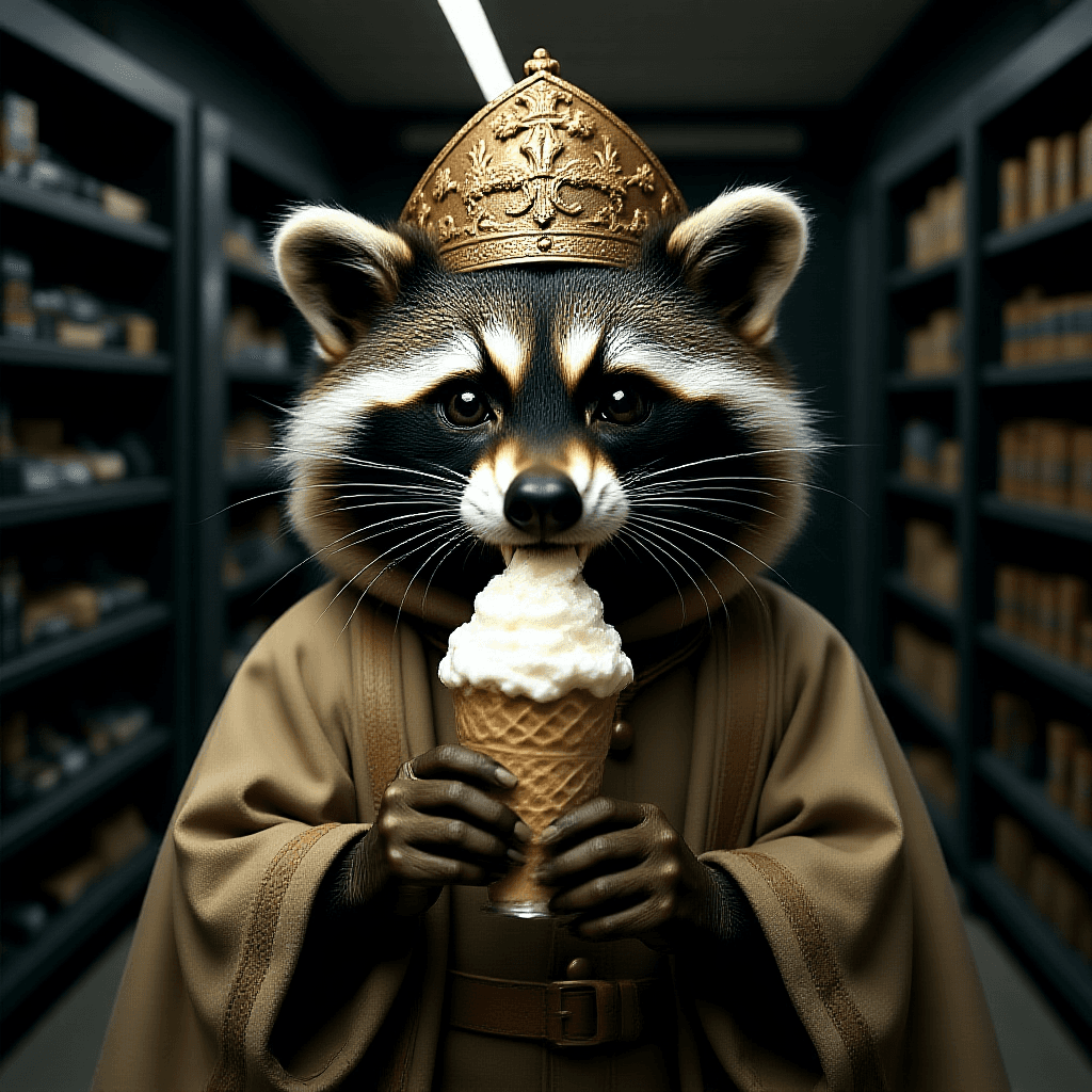A scientist raccoon eating ice cream in a datacenter, photorealistic style