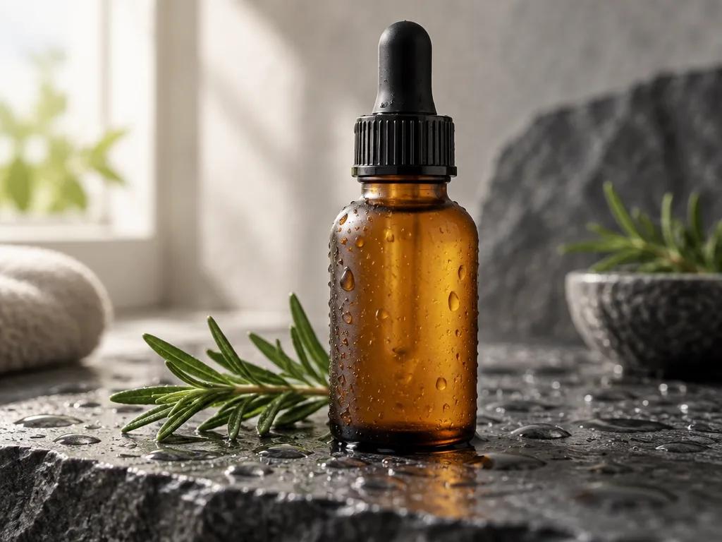 Amber glass dropper bottle on wet dark slate beside a sprig of rosemary