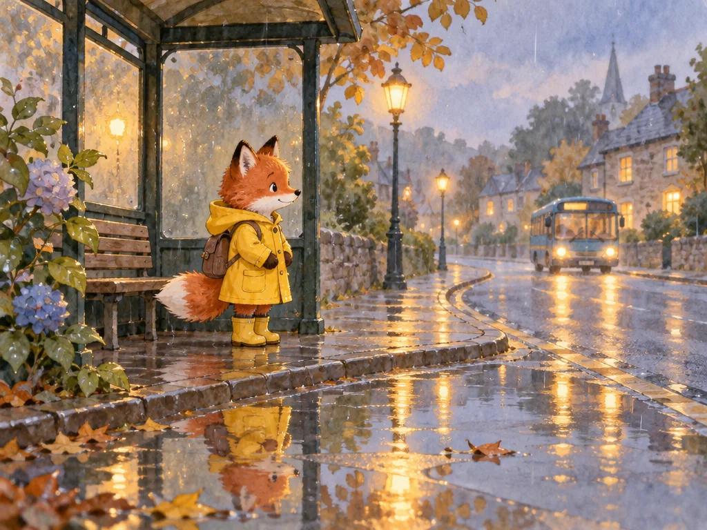 Small red fox in a yellow raincoat waiting at a rainy bus stop