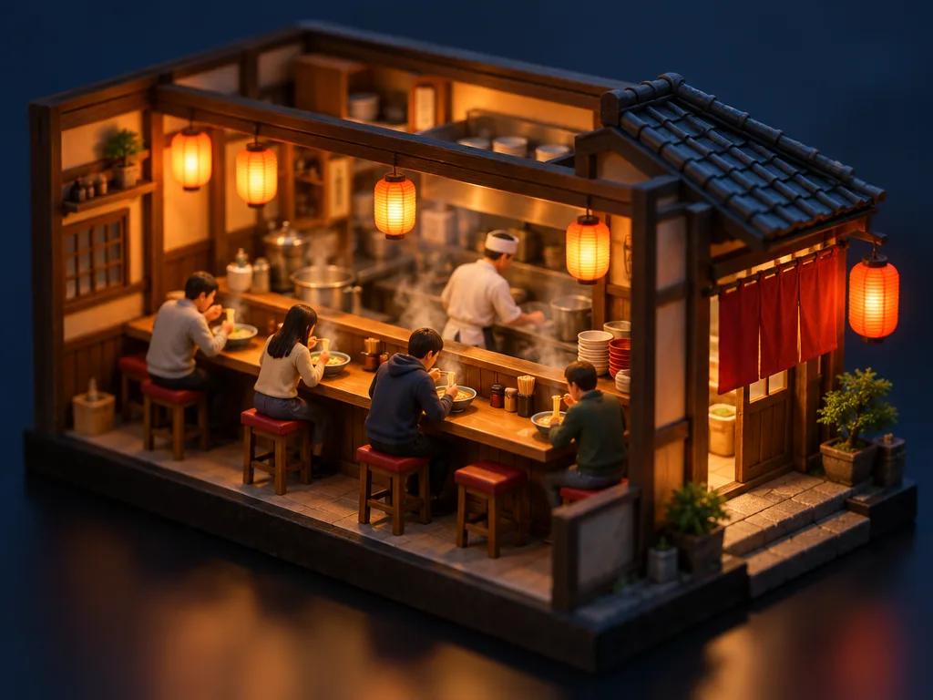 Isometric cutaway of a cozy ramen shop with tiny figures and glowing lanterns