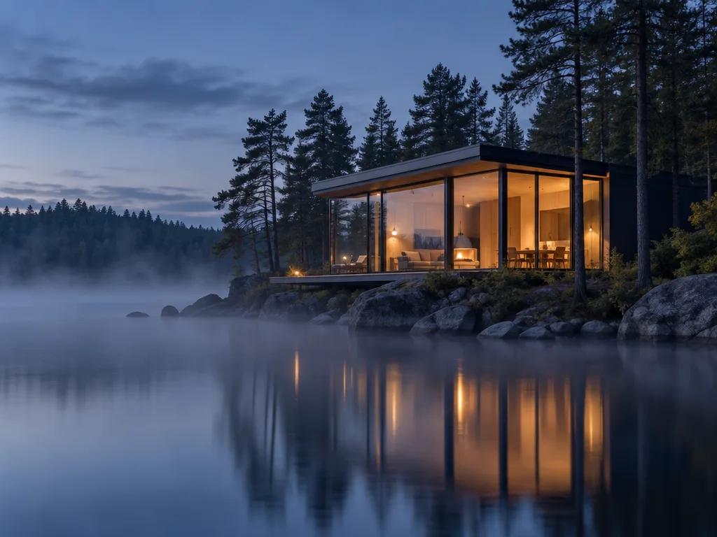 Glass-walled lakeside cabin at blue hour with warm light and mist on the water