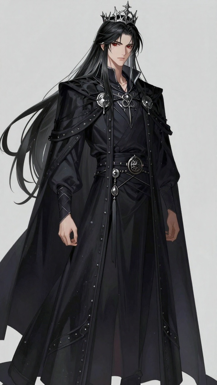 - Name: Raven - Gender: man - Age: (20-25) - Species: Half-demon - Body Type: Tall - Hair: Jet Black with silver streak, Long, flowing past shoulders - Eyes: Deep Crimson - Vibe: Mysterious, elegant, brooding - Accessories: Dark cape, silver crown, ancient ring