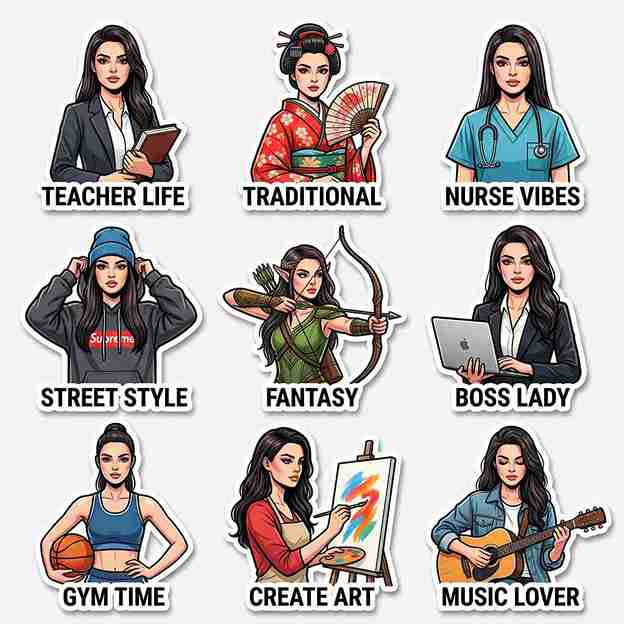 A 3x3 sticker pack based on uploaded photos, featuring characters in various outfits and fashion styles. The edges are cleanly cut with bold, thick outlines, and the poses are expressive. The overall design follows a lively, modern sticker style. Each sticker is labeled with an English caption, and all stickers maintain the same facial features, consistency in similarity, and proportions.
The pack includes a variety of clothing styles, such as teacher attire, traditional outfits, nurse uniforms, streetwear brands, and fantasy-inspired designs. The high-resolution finished product features soft shadows and a glossy, paper-textured sticker effect, perfect for social sharing.