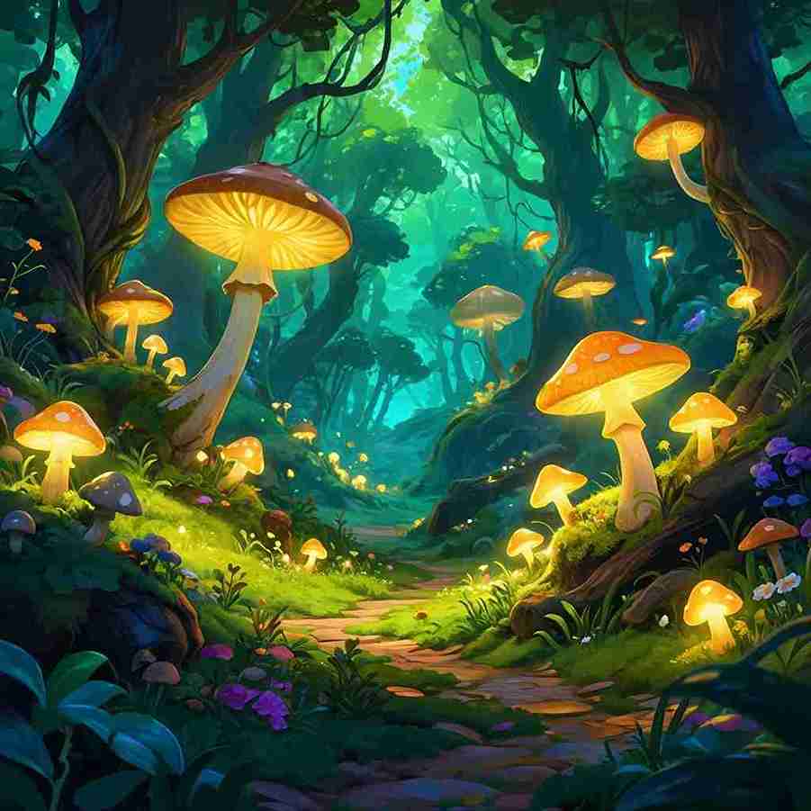 A mystical forest with glowing mushrooms, ethereal lighting, fantasy art style
